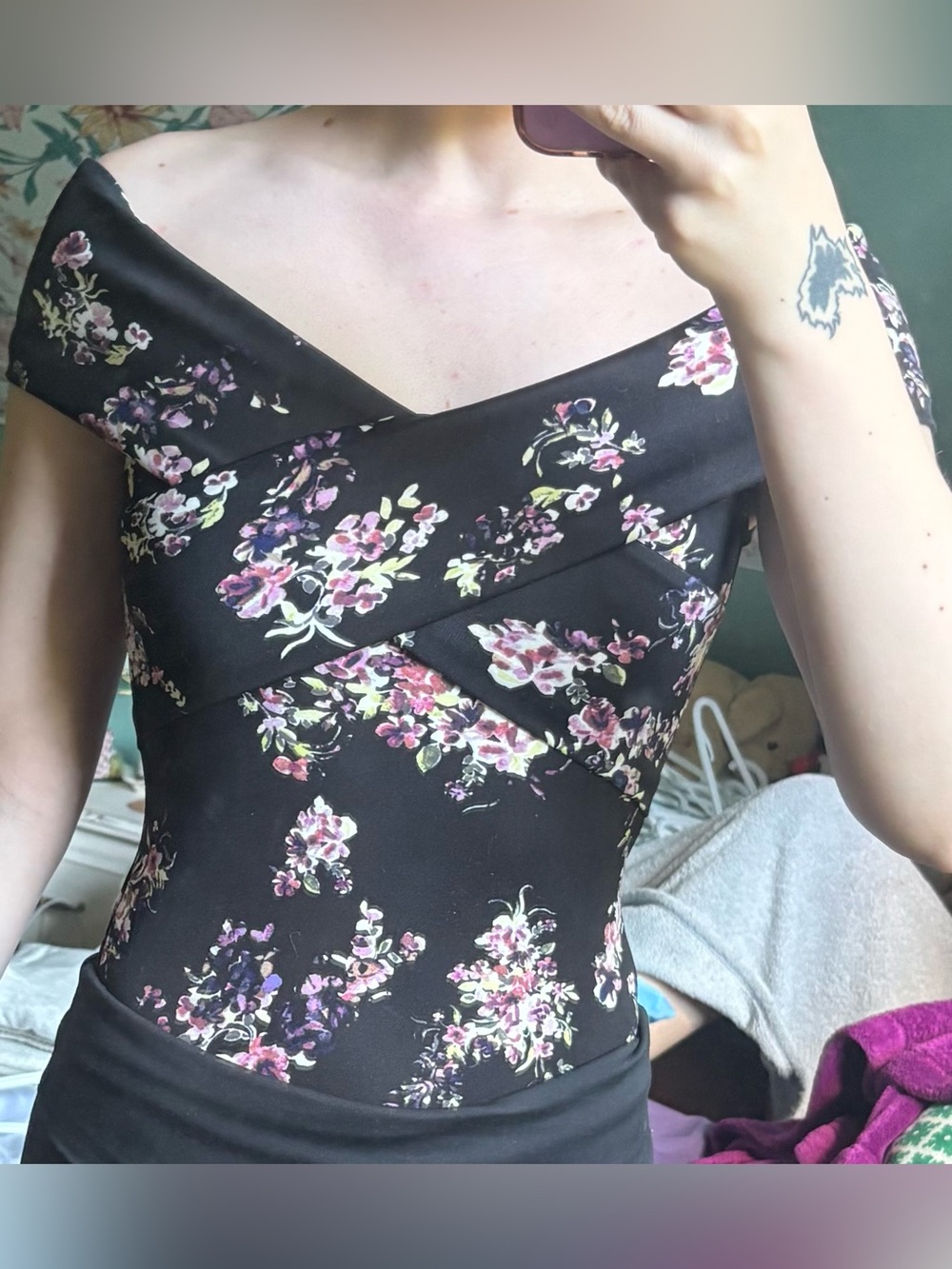 Dynamite Black Floral Off-the-Shoulder Cross-Front Bodysuit
